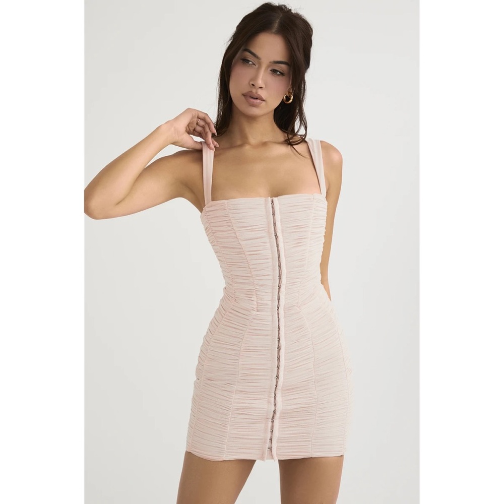 Pink Crystal Ruched Mesh Mini Dress Cate